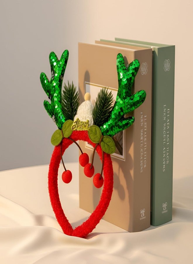 ascension Christmas Reindeer Antler Headband Furry Red Band with Green Sequin Antlers, Cherries & Merry Christmas Tag for Kids Adult Xmas Party Decor Xmas Gift for Children (Pack of 4) - Image 2